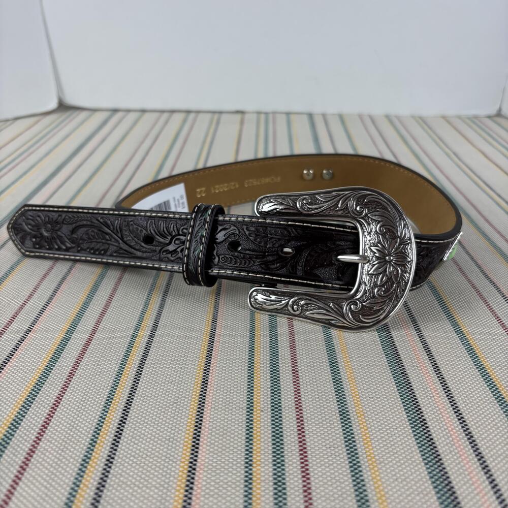 Ariat Belt Youth 22 Black Western Tooled Engraved Buckle Green Studs A1302402